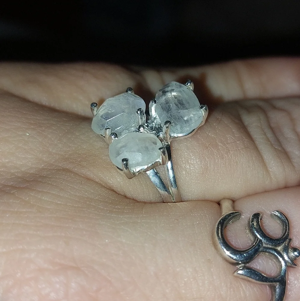 Raw Faceted Moonstone 3 Stone Ring Sterling Silver